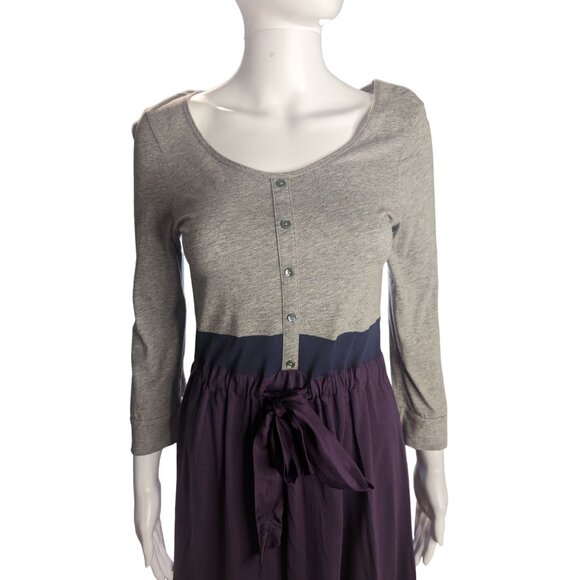 Theory Color Blocking Grey & Purple Casual A-line Dress w/Silk Tie Sash Sz M - Picture 2 of 11